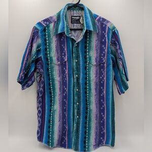 Vintage Wrangler Shirt Mens Large Blue Aztec Cowboy Cut Pearl Snap Western 90s